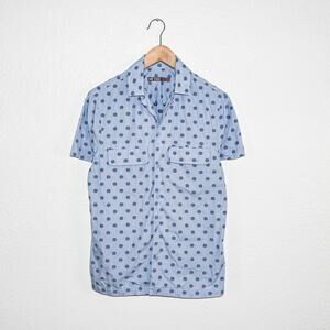 MR TURK Men's Short Sleeve Button Down Shirt Blue Polka dot Print fit Small